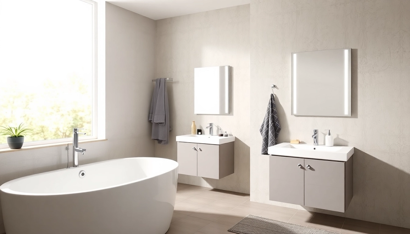 Luxuriöses Badezimmer mit Produkten von sonni sanitär GmbH, darunter moderne Duschkabine und elegante Badmöbel.