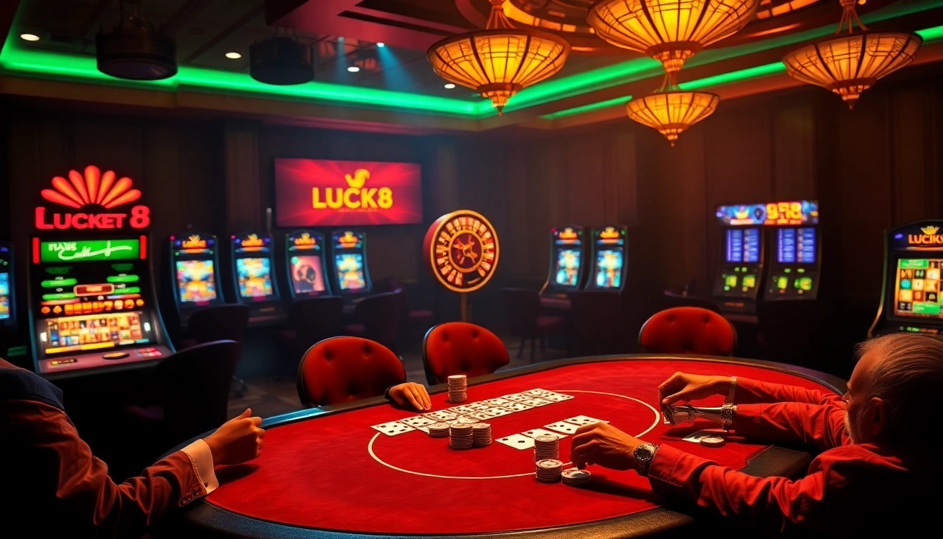 Trải nghiệm trò chơi hấp dẫn tại casino LUCK8 với bàn poker, bánh xe roulette và máy đánh bạc sôi động.
