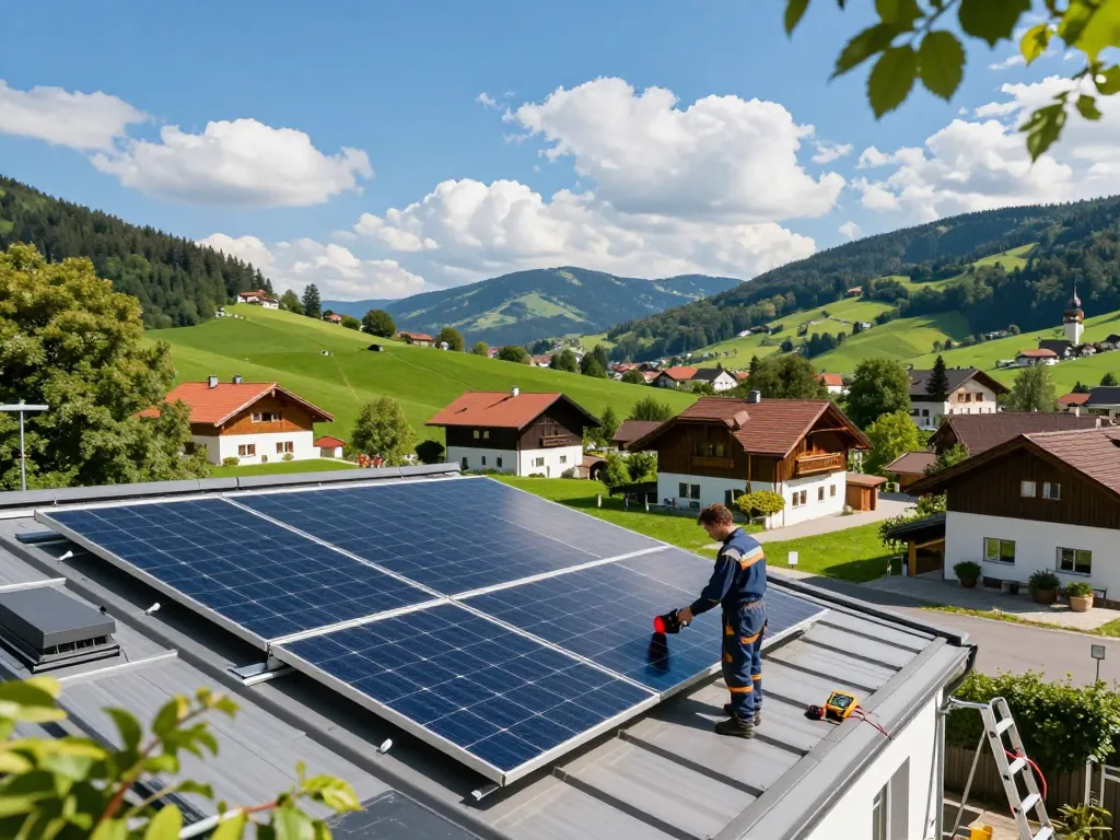 Photovoltaik Bayern mit Solarmodulen auf einem bayerischen Dach unter einem hellen Himmel, der erneuerbare Energie zeigt.