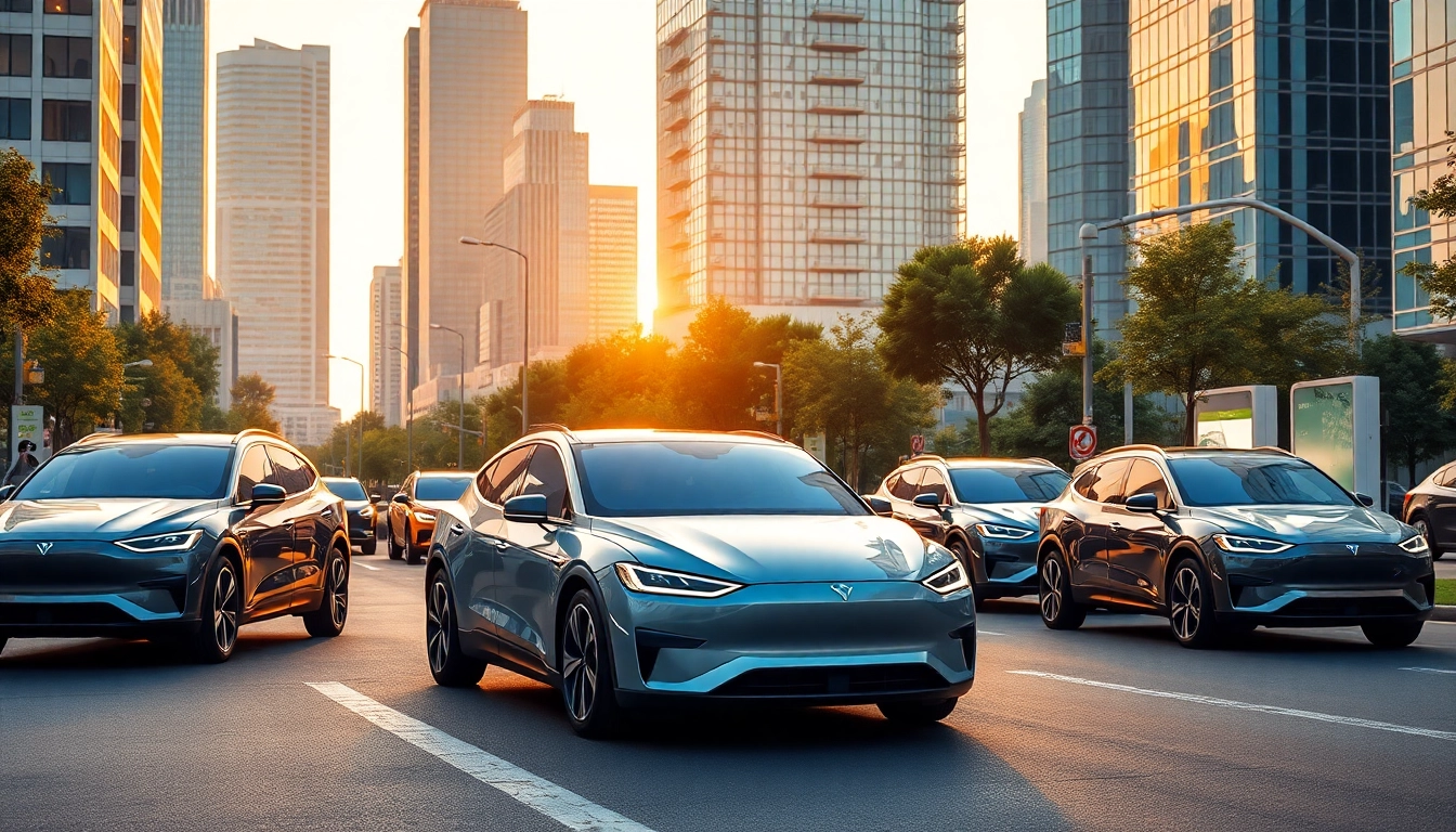 Elektroautos auf einer futuristischen Stadtstraße, die modernes Design und Technik zeigen.