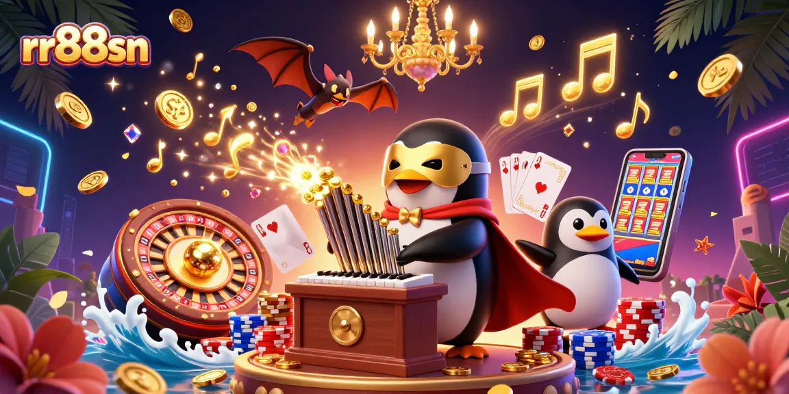 Experience thrilling gameplay at rr88sn with golden coins cascading from a 3D penguin organ