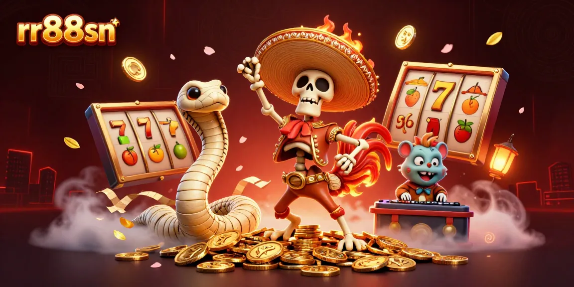 Win big at rr88sn with a vibrant 3D illustration of festive casino characters celebrating amidst slot reels.