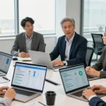 Führungsverhalten bewerten in einem modernen Büro, Kollege gibt Feedback in einem Teammeeting.