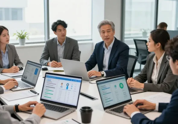 Führungsverhalten bewerten in einem modernen Büro, Kollege gibt Feedback in einem Teammeeting.